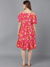 Women Coral Yellow Floral Printed Off Shoulder Fit And Flare Dress